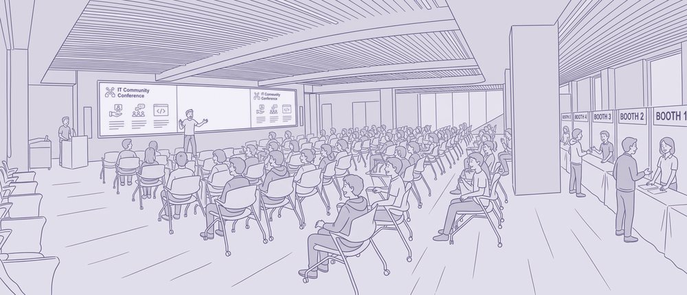 会場ホールで発表を聞く参加者と、ブースで話す人たちを描いたイラスト